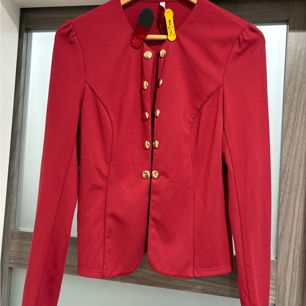 HALARA Red Double-Breasted Blazer with Gold Buttons